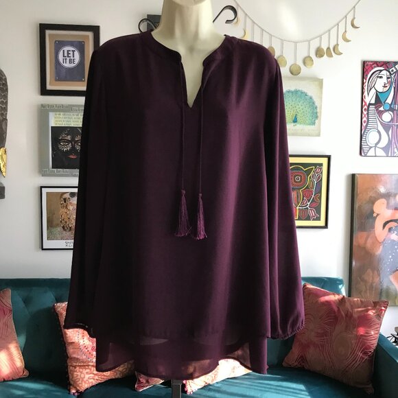 CHICO'S size 2 / L Rich Plum Layered Hem Chiffon Tasseled Tunic Top - Picture 1 of 4